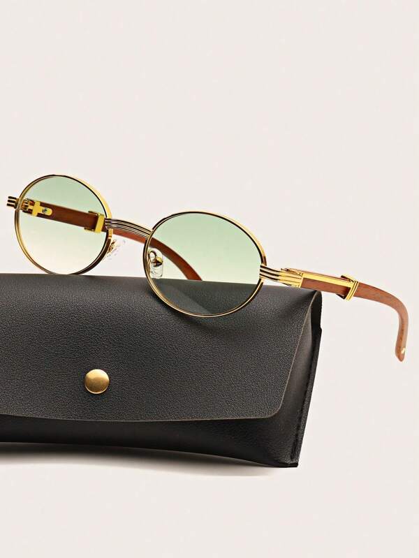 New Vintage Oval Frame Fashion Fashion Glasses, Design With Faux Wood Grain Temples Oval Shape Shades