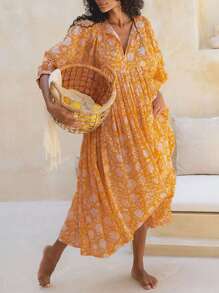 Eilly Bazar Vestido holgado con estampado floral bohemio y mangas de murciélago, para tallas grandes, para el verano