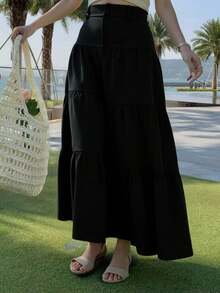Bamboo Fashion Maxi Skirt With Buttons And Layered Hem For Vacation And Beach Women's Clothing Tres Marias - 黑色 - 查看 1