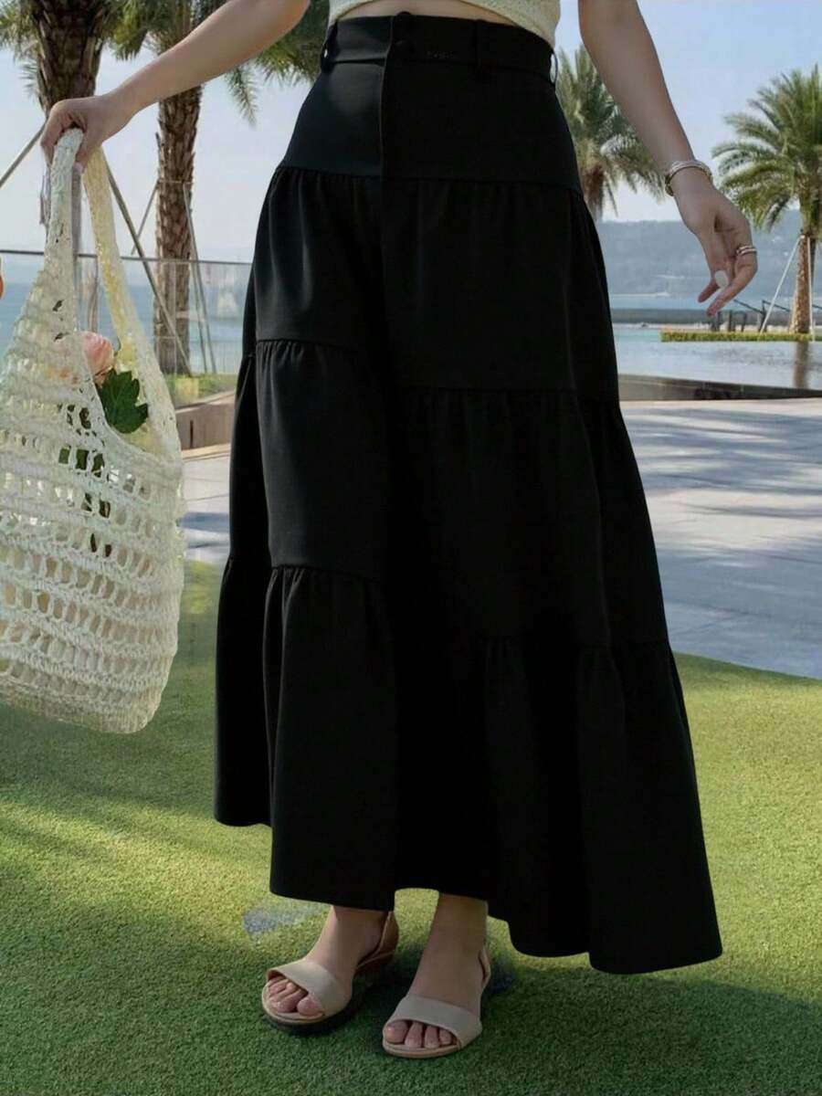 Bamboo Fashion Maxi Skirt With Buttons And Layered Hem For Vacation And Beach Women's Clothing Tres Marias - 黑色 - 查看 1