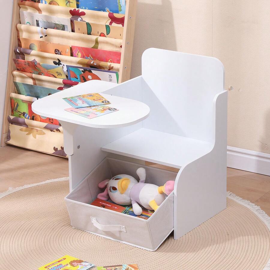 2 In 1 Wooden Children Table With Chair, Small Kids Table And Chair Set With Storage Box, Suitable For Kids Children Toddlers Boys Girls, White - White - View 1