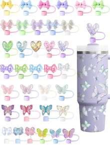 8 PIEZAS / 10 mm / 0.4 in Tapas y accesorios de pajitas de silicona, accesorios de taza para tumblers de 30/40 oz con asa, tapa de pajita Love Shack Fancy, tapa de pajita con diseño de mariposa y moño para días festivos, tapa reutilizable para taza
