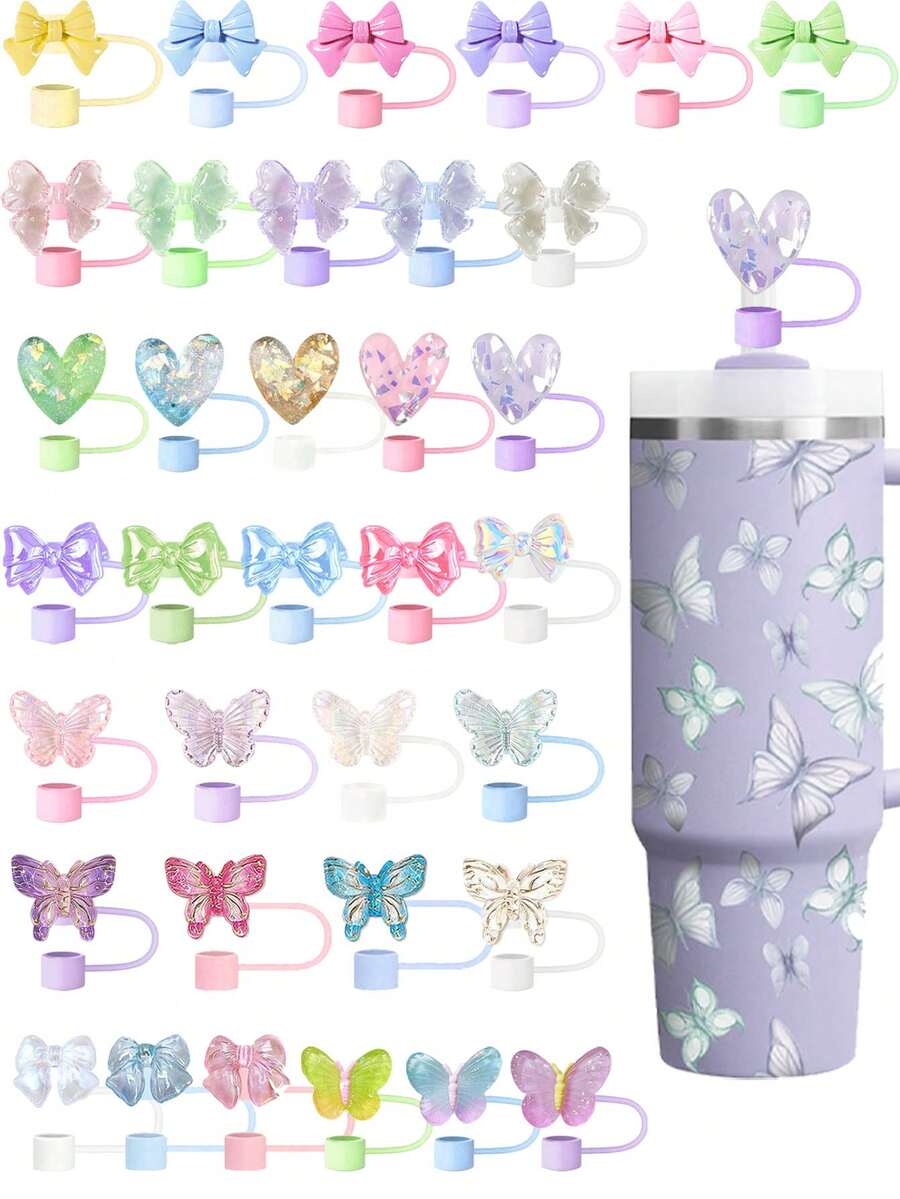 8 PIEZAS / 10 mm / 0.4 in Tapas y accesorios de pajitas de silicona, accesorios de taza para tumblers de 30/40 oz con asa, tapa de pajita Love Shack Fancy, tapa de pajita con diseño de mariposa y moño para días festivos, tapa reutilizable para taza