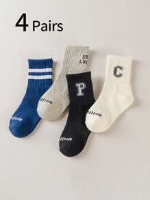 4 双儿童中筒袜，学生袜，休闲运动设计，适合 1-12 岁男孩和女孩，纯色，字母和条纹图案 - 彩色 - 查看 2