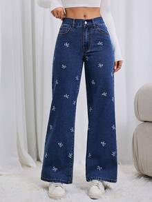 女士时尚休闲蝴蝶印花弹力腰阔腿宽松无弹力深蓝色牛仔裤 春季款 - 深色水洗藍 - 查看 3