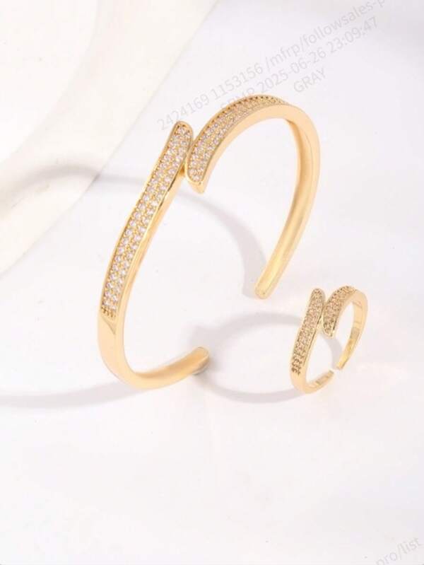 2PCS Women's Exaggerated Geometric Zirconia Bangle And Ring Set, Fashion Jewelry