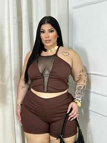 Curvy Plus Size Crop Top + Shorts Set - 鏽棕色 - 查看 1