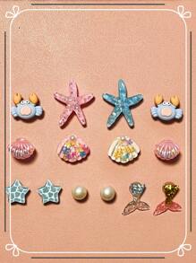 14pcs Ocean World Series (Starfish, Pearl, Shell, Clam, Crab, Fish Tail) DIY Hollow Out Clogs Charm Shoe Accessories