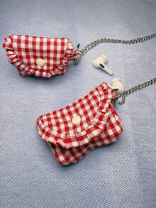 2er Set: Klassisches rotes kariertes handgefertigter Spitzen Kopfhörertasche & Münzbeutel + silberne versilberte lange Kette, geeignet für 4/3/Pro/ Pro 2/2/1, Galaxy Buds 3 Pro/Galaxy Buds 3