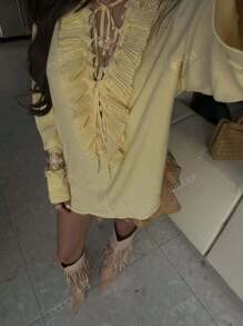 Robe blouse ample d'été à col V style papillon pour femmes, tenue de mode française, jaune beurre