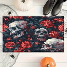 1 pieza Felpudo de entrada/baño/cocina/lavandería con estampado de esqueleto de Halloween y flores, de base de TPR y apariencia de lana sintética, para decorar el ambiente festivo, el hogar, fiestas, bodas y comedores