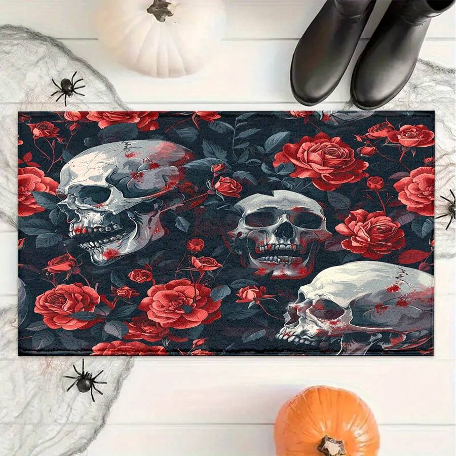 1 pieza Felpudo de entrada/baño/cocina/lavandería con estampado de esqueleto de Halloween y flores, de base de TPR y apariencia de lana sintética, para decorar el ambiente festivo, el hogar, fiestas, bodas y comedores