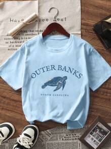 Tween Girls Tropical Ocean Print Short Sleeve T-Shirt, Comfortable & Fashionable Summer Top For Young Students