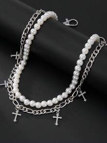 Łańcuch do spodni dżinsowych Pearl Cross, styl vintage punk, uniwersalny, męski łańcuch do ciała, stal nierdzewna, łańcuszek na talię - Srebro - Zobacz 4