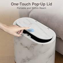 Senmeo 1 Set 3.7 Gallon Double Barrel Trash Can, Marble & Wood Grain Design, Odor Resistant, Push-Lid Plastic Bin With Handle - Multi-Color Options, For Kitchen/Living Room/Bedroom Storage, Compact For Bathrooms/Kitchens/Offices - 白色 - 查看 7