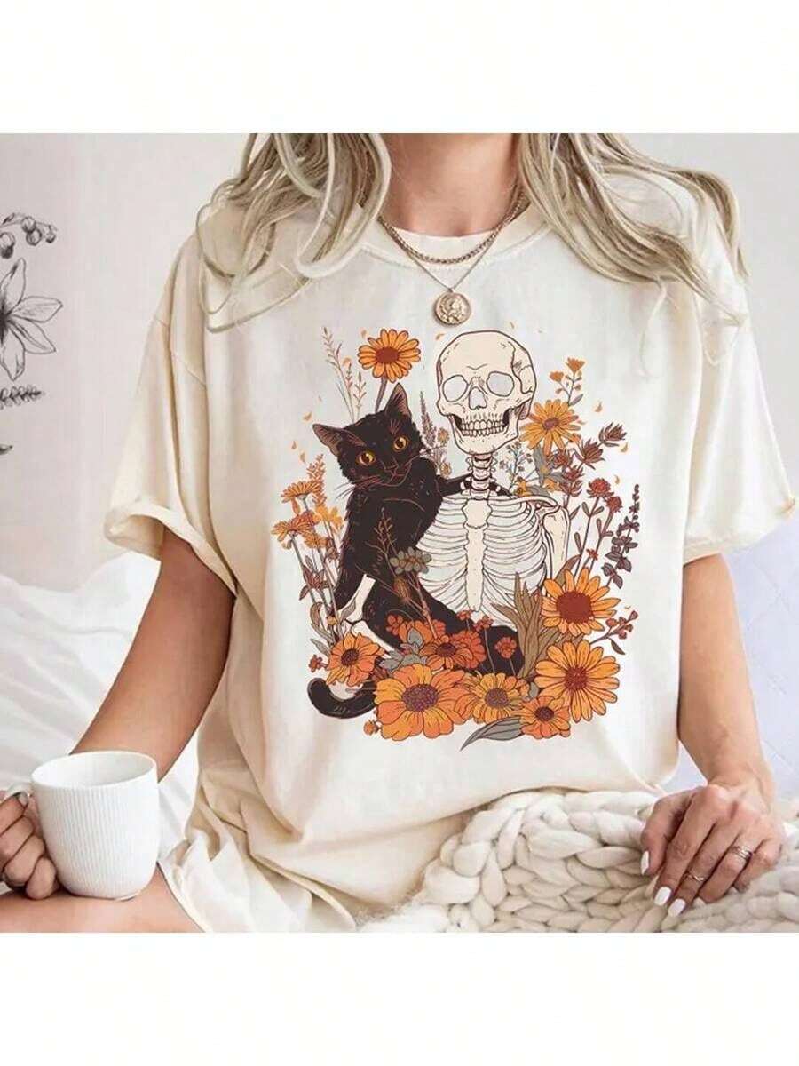 T-Shirt Unisex Cotton Soft Shirt Skull Flowers Kitten Maligu Fashion - 灰白色 - 查看 1