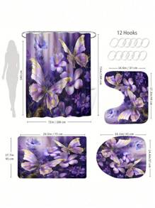 1/4-teiliges Set - Lila Schmetterling Duschvorhang Set, moderne Bauernhaus Blumen Schmetterling Gold Folie botanische Kunst Wasserabweisender Duschvorhang mit 12 Haken, rutschfester Badteppich, Toilette U-förmiger Deckel, perfektes Einweihungsgeschenk für Freunde und Familie