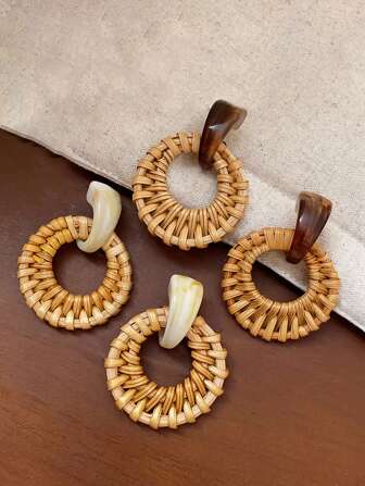 2pcs Vintage Resin Braided Round Clip-On Earrings, Fashionable Geometric Jewelry Accessory For Women