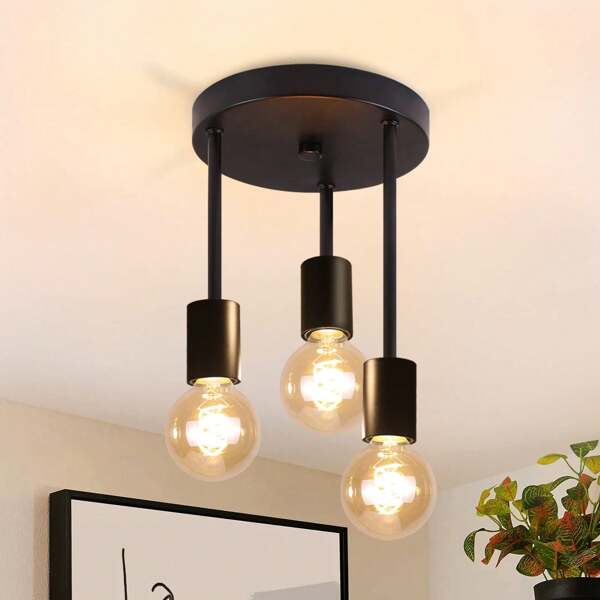 Glitzerlife Deckenleuchte Vintage Deckenlampe E27-3 Flammig Retro Küchenlampe Schwarz-Gold mit 3 Spots Flurlampe Industrial Hängend Deckenspots für Schlafzimmer Esszimmer Küche Flur Wohnzimmer Bar