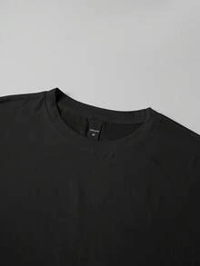 男士休闲男友风印花T恤，圆领短袖，简约设计，适合日常穿着、健身房、健身锻炼，纯色T恤，2025春夏新款男士运动服，跑步、健身，轻盈舒适，宽松版型 - 黑色 - 查看 5