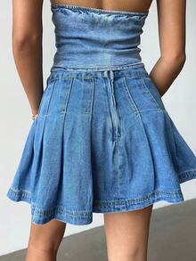 Siren Gaze Jupe plissée en jean de couleur unie style A-Line pour femme - Jean bleu - Voir 2