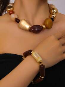 2pcs Vintage Bohemian Exaggerated Resin Beaded Necklace And Bracelet Set, Suitable For Women