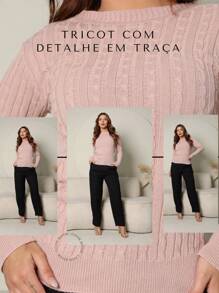 Blusa Tricot Manga Longa Gola Redonda Detalhe Trança gola tradicional sofisticado malha quente segunda pele