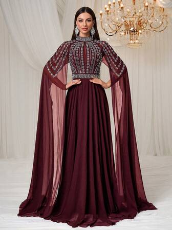 YISIKADO Rhinestone Beaded High-Waisted High Neck Forked Sleeve Elegant Glittery Dress Formal & Evenning Party Women Dresses