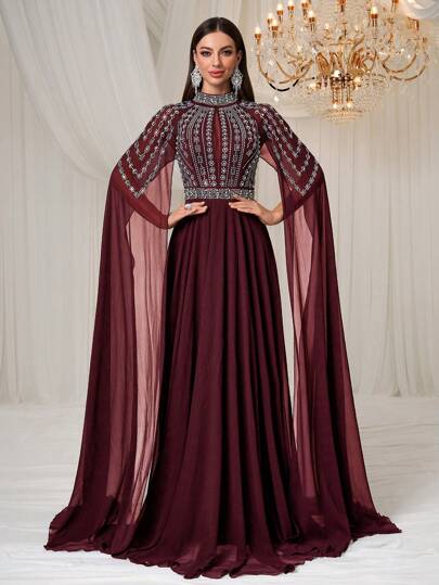 YISIKADO Rhinestone Beaded High-Waisted High Neck Forked Sleeve Elegant Glittery Dress Formal & Evenning Party Women Dresses