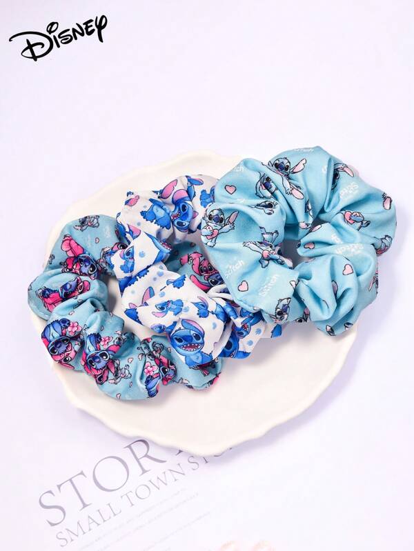 Disney 3pcs Disney Stitch Digital Print Hair Scrunchies, Adorable And Fashionable Digital Print Design, Suitable For Party, Back To School And Teen Gifts