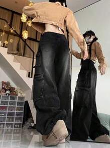 Jupkem Womens Y2k Baggy Cargo Jeans Wide Leg Straight Leg Retro Distressed Multi-Pocket Goth Pants Hip Hop Street Style Harajuku Clothes