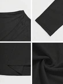 Women's Autumn Dress, Long Sleeve, Oblique Collar, Spaghetti Strap, Waist Cinched, Ruffle Hem, Asymmetric Slit, Elegant Style, Suitable For Vacation, Outing, Date, Party, And Back To School Season - Black - View 11