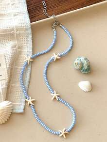 1 件可爱橙色陶瓷鱼海星吊坠串珠项链适合女性海边度假波西米亚原宿魅力珠宝配饰，小众个性化高美甜美锁骨链，新款时尚手工串珠项链创意简约