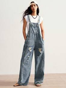 Bohemela Women's Pocket Distressed Wide Leg Denim Jumpsuit