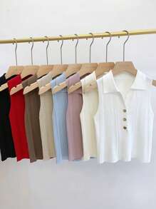1 pieza Polo de punto sin mangas con cuello falso de ajuste corto para mujer con botones dorados, negro, blanco, albaricoque, rosa, morado