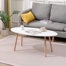Oval Coffee Table, Oval Shape Sofa Side Table, Home Office Center Table, Tea Table For Living Room, Modern White Cocktail Table With Wood Legs - White - View 3