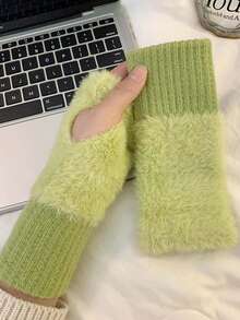 1 Paar einfache Plüsch-Patchwork-Strickhandschuhe, stilvolle, elegante, weiche und warme fingerlose Handschuhe für Herbst und Winter, kältebeständig, mit elastischem Handgelenk