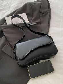 1件简约纯色翻盖单肩包，经典纹理斜挎包，女士手提包