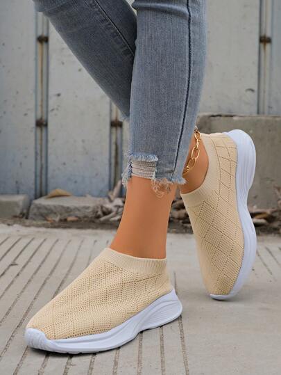 Women's Solid Color Rhombus Pattern Casual Sports Shoes, Minimalist Breathable Casual Walking Shoes, Ultra-Light Soles, Handmade Sports Shoes, Comfortable Slip-On Sports Shoes, Suitable For Outdoor Leisure, Walking, Outdoor, Daily Wear