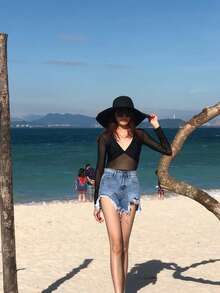 1 件超大可折叠帽檐夏季海滩遮阳帽，黑色海边防紫外线旅行遮阳帽 - 黑色 - 查看 3