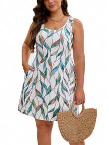 Women's Fashion Allover Leaf Print Casual Vacation Pocket Bohemian Beach Dress, Sleeveless Summer Dress - Multicolor - View 2