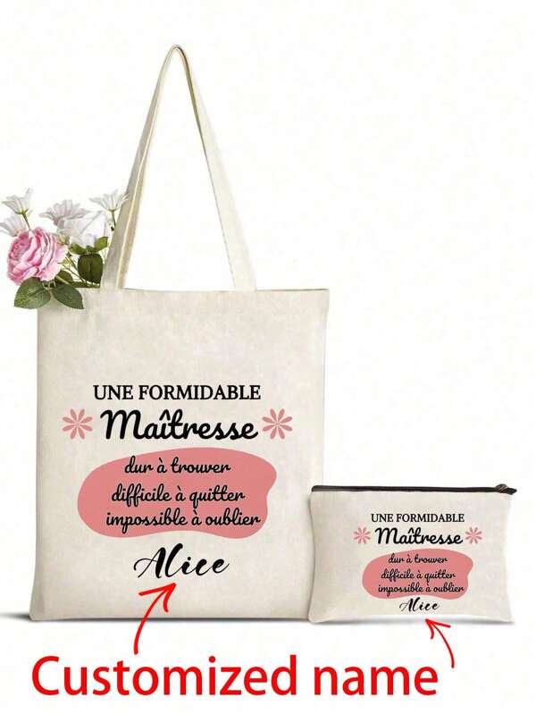 French Print Cosmetic Bag, Customizable Name Teacher Themed Handbag And Cosmetic Bag Set, Ladies Bridesmaid Personalized Wedding Gift Bag, Letter Print Tote Bag With Cosmetic Bag, Beach Vacation Style Card Set Letter Shopping Bag