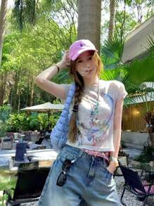 Summer American Tie-Dye Graffiti Print Round Neck Raglan Sleeve T-Shirt For Women