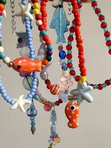 1 件可爱橙色陶瓷鱼海星吊坠串珠项链适合女性海边度假波西米亚原宿魅力珠宝配饰，小众个性化高美甜美锁骨链，新款时尚手工串珠项链创意简约