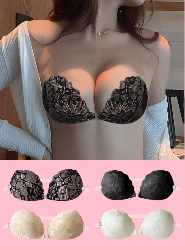 ideaCCSZ 1 Pc / 2 Pcs / 3 Pcs Lace Sticky Bras,Push Up Breast Lift Bra,Invisible Silicone Self-Adhesive Nipple Patches,Front Clasp Design With Back Strap,Reusable For Bikini For Strapless Evening Dresses