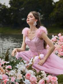 Gorgeous Midi Graduation Dress With Beaded Bodice, Tulle Ruffle Sleeves, Tiered Ruffled Skirt - Birthday Women Outfits For Wedding Guest Outfits, Graduation Proms, Cocktail Parties & Garden Galas - Pink - View 10