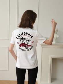 女士字母印花休闲度假圆领 T 恤，夏季 - 白色 - 查看 1