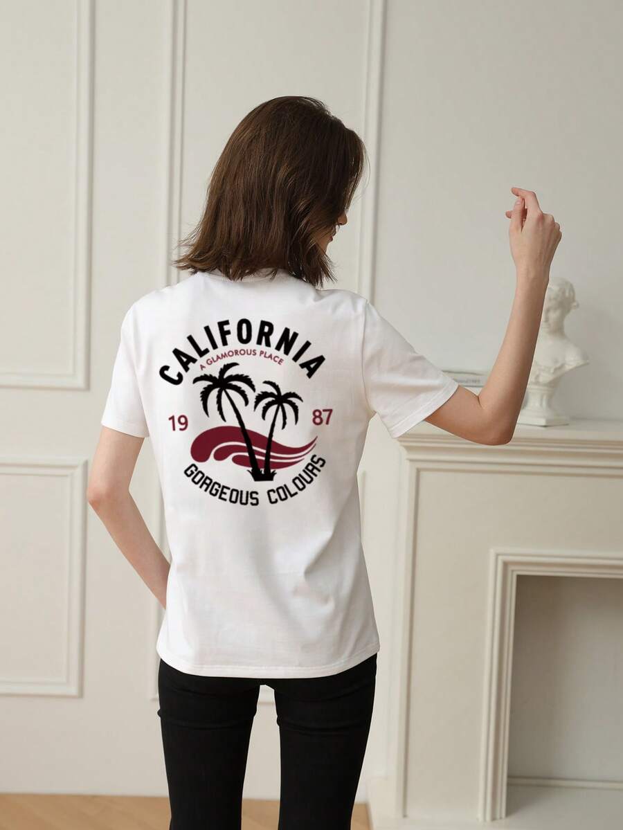 女士字母印花休闲度假圆领 T 恤，夏季 - 白色 - 查看 1