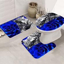 4-Piece Set Of Blue Rose And White Tiger Pattern Bathroom, Bathroom Curtain Shower, Shower Curtain, Bathroom Kit, Bathroom Supplies, Shower Curtain Kit, Shower Curtain, Bathroom Decoration, Bathroom Kit, Shower Winter Bathroom Accessories, Christmas Gift