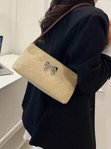 女士撞色蝴蝶结草编单肩包，时尚度假风 - 咖啡 - 查看 4